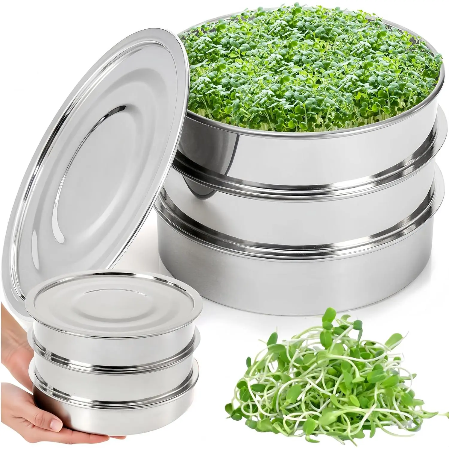 9" Stackable Stainless Steel Seed Sprouting Kit, 3-Tier Mesh Germination Tray, Seed Sprout Grower with Lid Base, Microgreens Propagator for Beans Peas Broccoli Wheat Grass, Soil Free