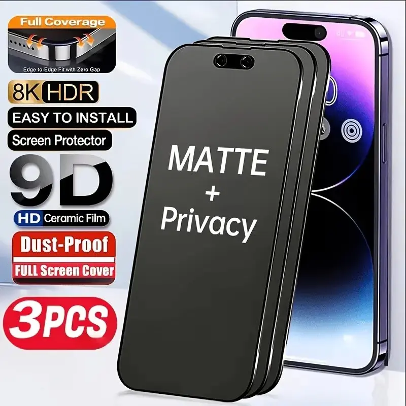 3-Pack 9D Matte Privacy Screen Protector, HD Full Screen Coverage, Fingerprint Resistant, Ceramic Soft Phone Film for Compatible Smart Devices, Matte Screen Protector