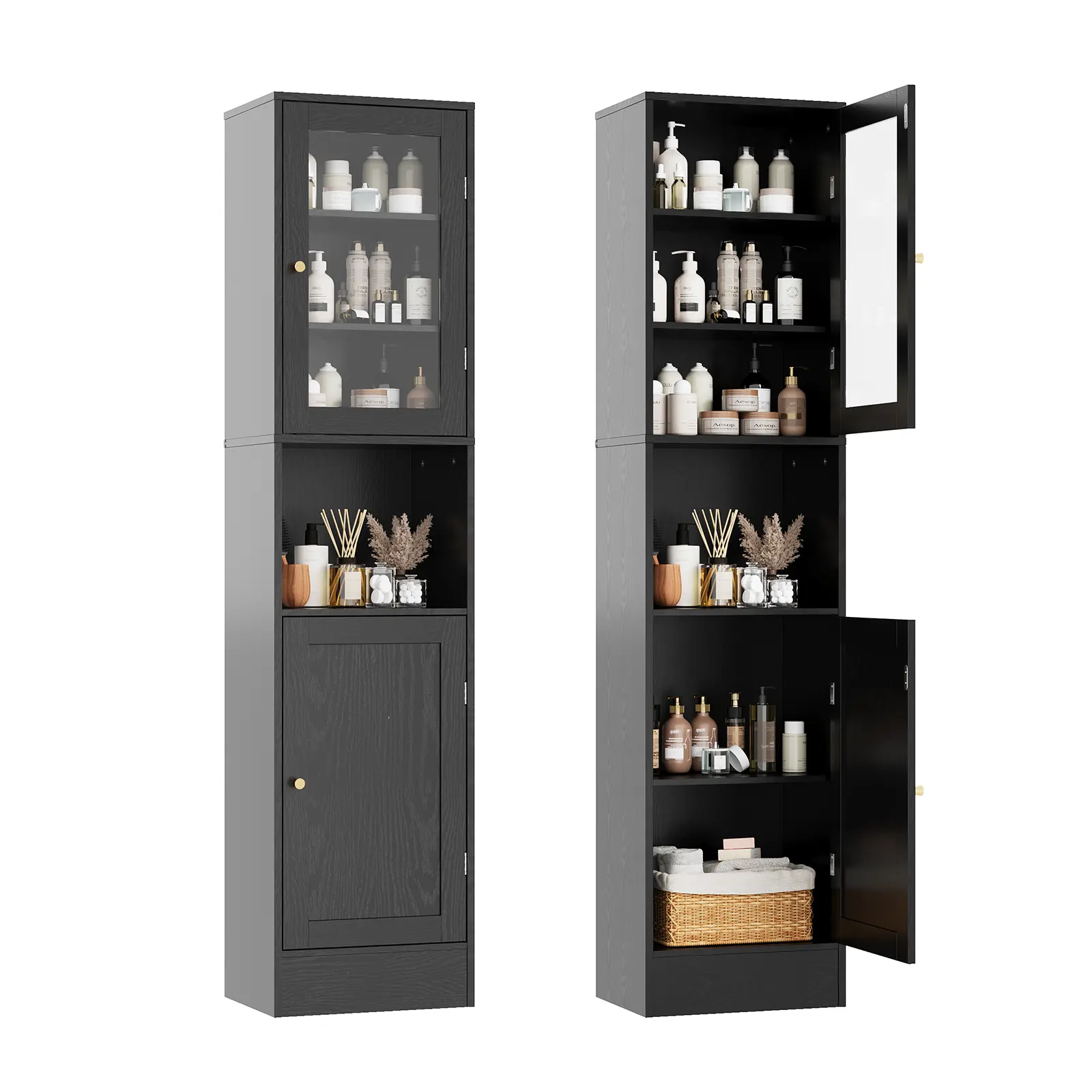 Garvee 67" Tall Bathroom Storage Cabinet, Narrow Storage Cabinet with Glass Doors, Anti-Tip Freestanding Bathroom Linen Cabinet, for Kitchen, Living Room, Dining Room
