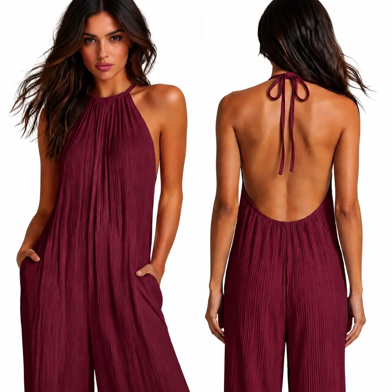 Women's Crinkle Halter Neck Sleeveless Backless Wide Leg Jumpsuit with Pockets, Loose Flowy Full Length One Piece Romper, Burgundy Casual Summer Beach Vacation Wedding Guest Date Night Travel Resort Loose Fit Long Pant Jumpsuits Chic Hip