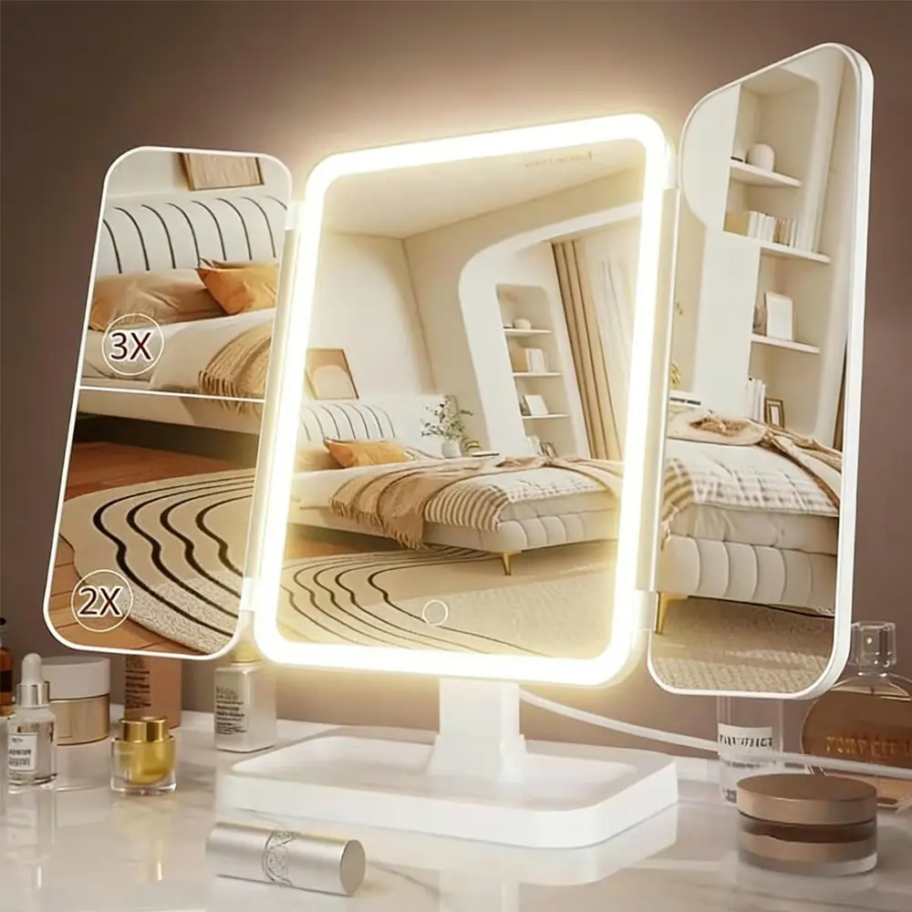 Tri-Fold Makeup Mirror with LED Light, Adjustable Three-Color Lamp, 180°/270° Rotating Vanity Mirror, 800mah Rechargeable Battery, Led Cosmetic Mirror, Mirror with Lights