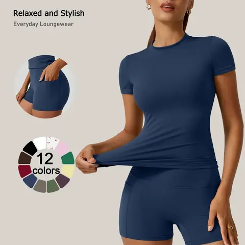 2 piece set, Athletic clothes set, Sporty Style Clothes, women's Sportswear Yoga Suit Set solid color quick drying short sleeved top with pockets on both sides shorts with tight fit suitable for yoga gym training running cycling all season shorts