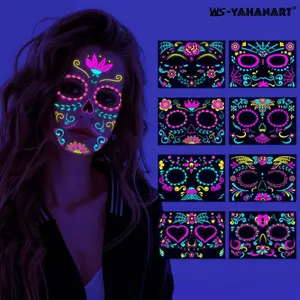 UV Reactive Glow-in-the-Dark Day of the Dead Temporary Tattoo Stickers - Sugar Skull Pattern, Skin-Safe Face & Body Tattoos for Halloween, Mexican Festival Parties