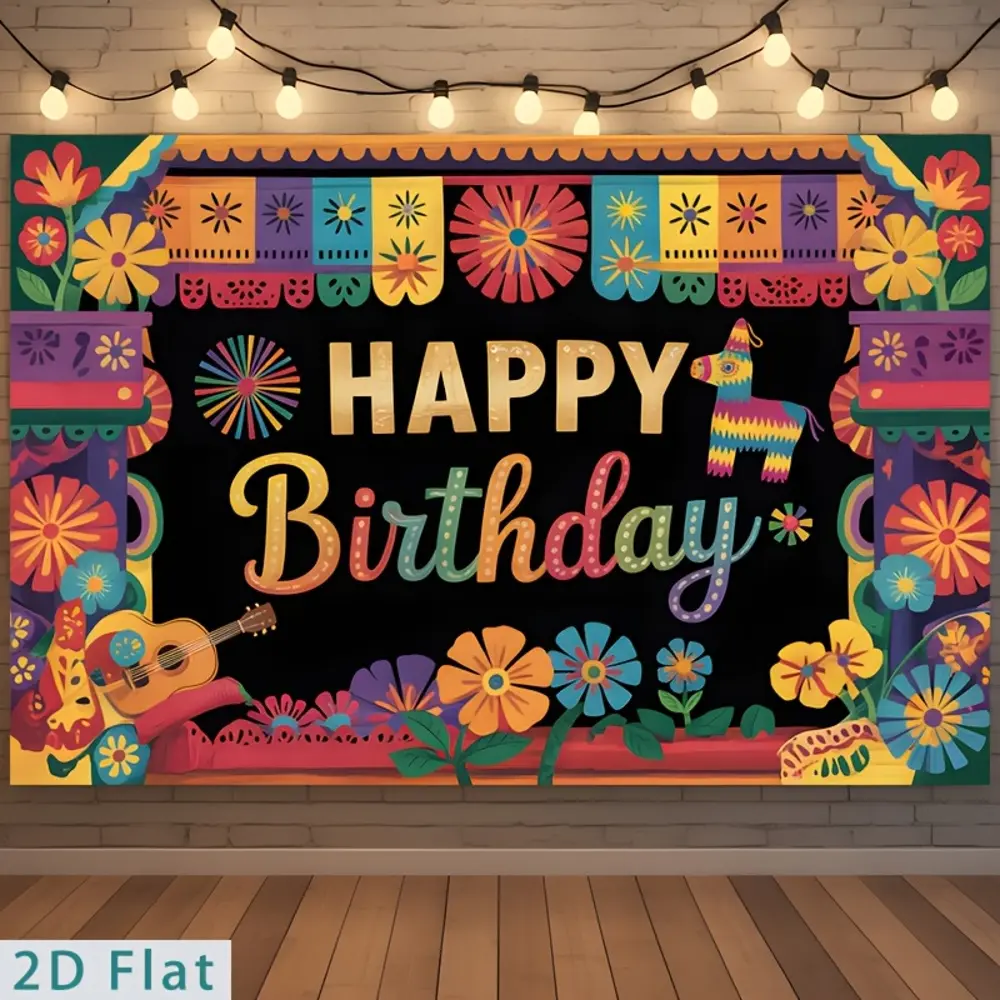 2D Flat Printed Polyester Photography Backdrop - HD Digitally Printed Paper Background, Colorful Mexican Fiesta Happy Birthday Festive Backdrops & Banners, Soft, Lightweight, Foldable for Birthday Parties, Portraits, Printed Paper Background Festive Backd