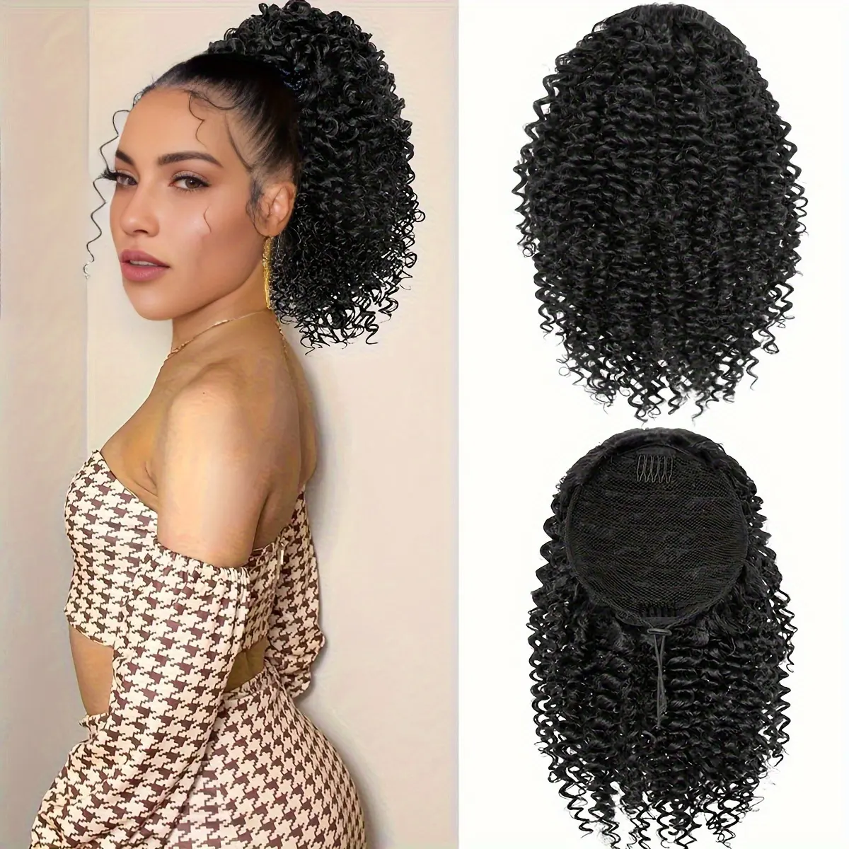 Black Curly Ponytail Extension Drawstring Ponytail for Women 14 Inch Fake Ponytail Synthetic Ponytail with 2 Clips in