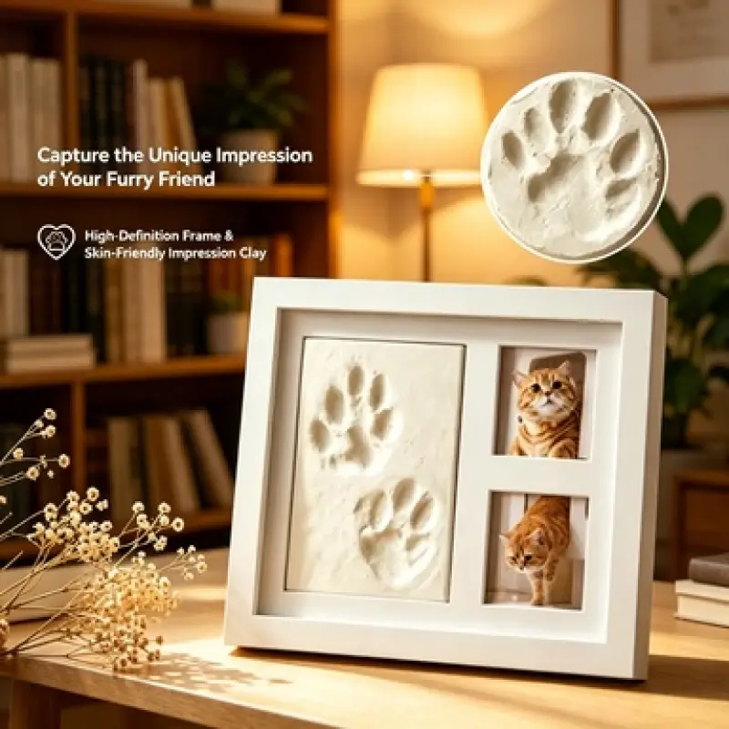 Minimalist White Wooden Pet Paw Keepsake Frame with Safe Imprint Clay, Freestanding Tabletop Layout, Great for Apartment Home Pet-Themed Warm Decor & Personalized Memory Collection
