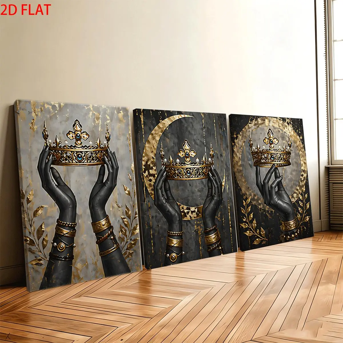 3Pcs Wood Framed Waterproof 2D Canvas Wall Art Prints - Decorative Painting with Figure-Holding Gold-Embroidered Crescent Moon, Leaf-Patterned Crown, Ideal for Living Room, Bedroom, Birthday Housewarming Holiday Gifts