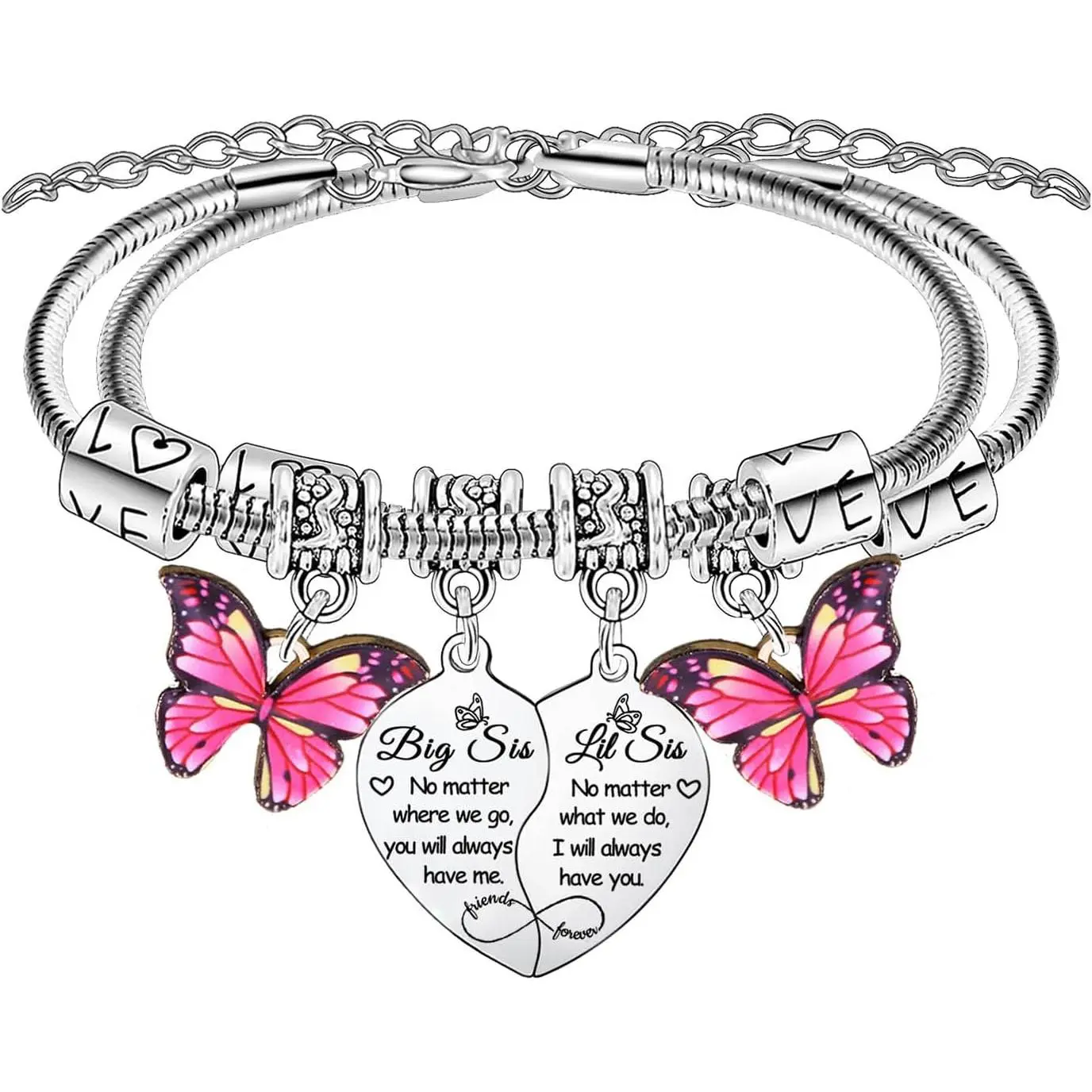 Sister Bracelet Big Sis Lil Sis Bracelets Set for 2 Heart Matching Butterfly   for Sisters Christmas Birthday Graduation Gifts for Women Sister Long Distance