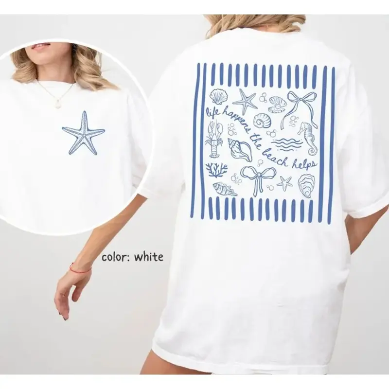 Life Happens The Beach Helps Summer Shirt Beach Shirt Coquette Seashell Shirt Gift Seashell Shirt Beach Tee Summer Tshirt Casual Graphics