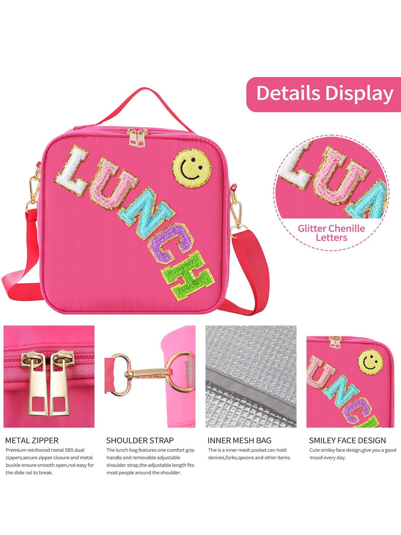 Letter Decor Lunch Bag, Cute Insulated Lunch Bag with Adjustable Shoulder Strap, Nylon Lunch Bag for School Travel Picnic