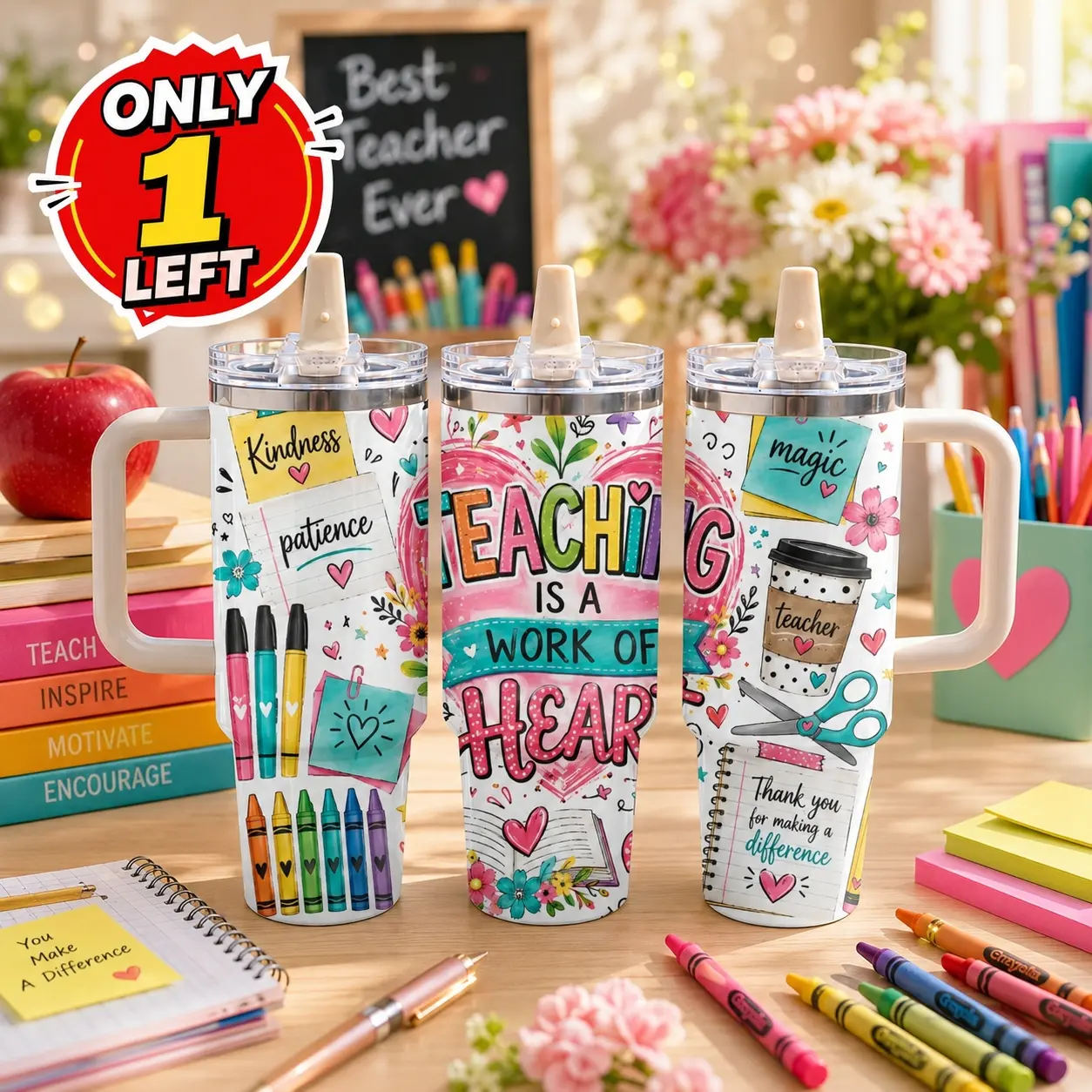 40oz Teacher Appreciation Tumbler with Handle & Straw Lid | Cute Teachers Day Gift Stainless Steel Travel Mug | Leakproof Double Wall Vacuum Insulated Cup for Coffee, Water, Office, School & Car Cup Holder