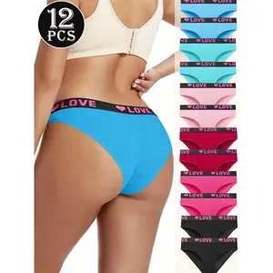 12 Pieces Color Block Letter Print Women Panties, Elastic Breathable Elegant Intimates, Comfortable Daily Lingerie, Ideal Valentine's Day Gift for Ladies