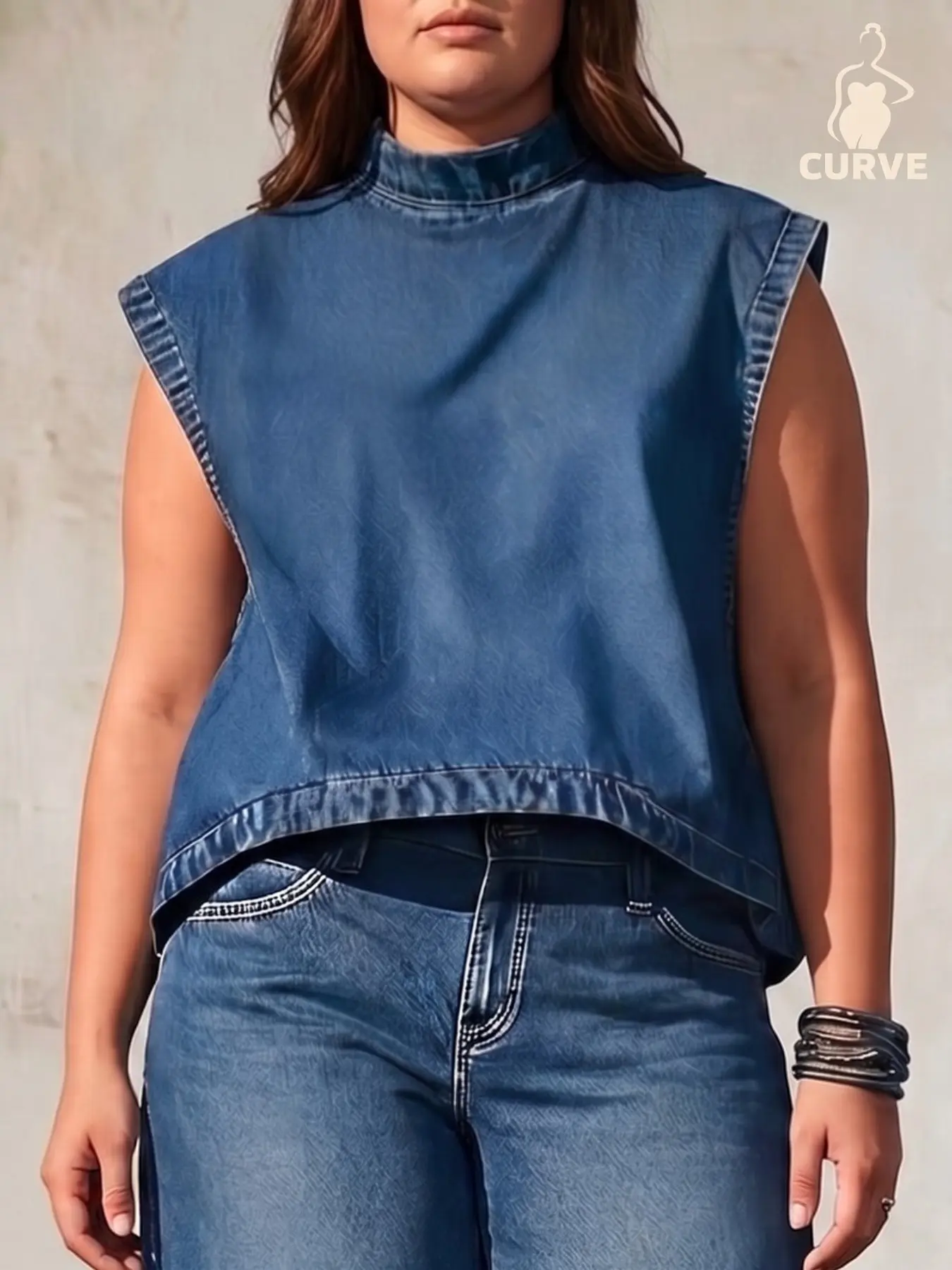 Women's Plus Size Stand Collar Short Sleeve Loose Fit Denim Top, Casual Summer Shirt, Daily Wear Fashionable Clothing Style