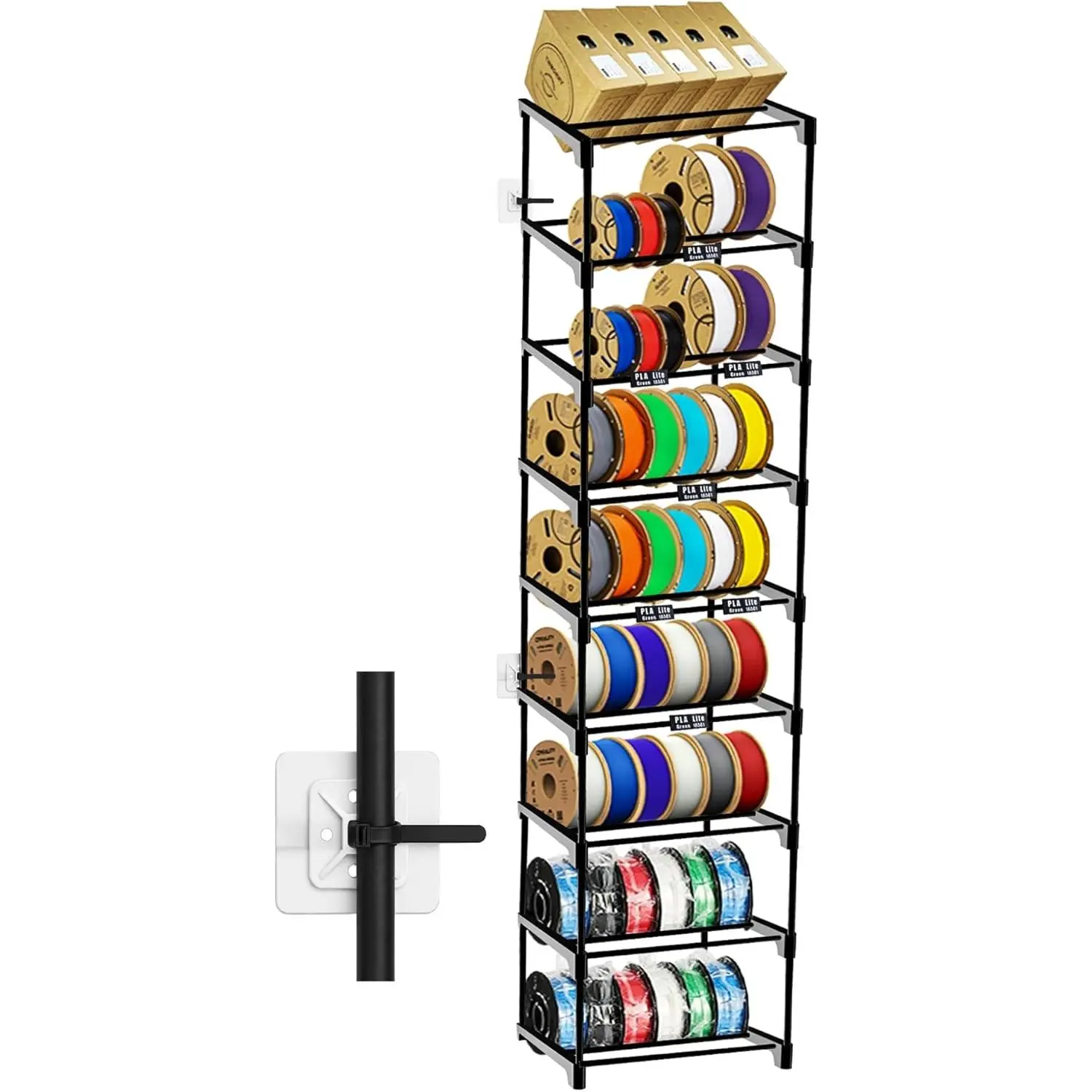 9-Tier 3D Printer Filament Storage Rack, Holds Up to 54 1kg Spools, Space-Saving Carbon Steel Spool Holder Organizer with Anti-Tip Kit, Modular Maker Workspace Storage System, Tool-Free Assembly
