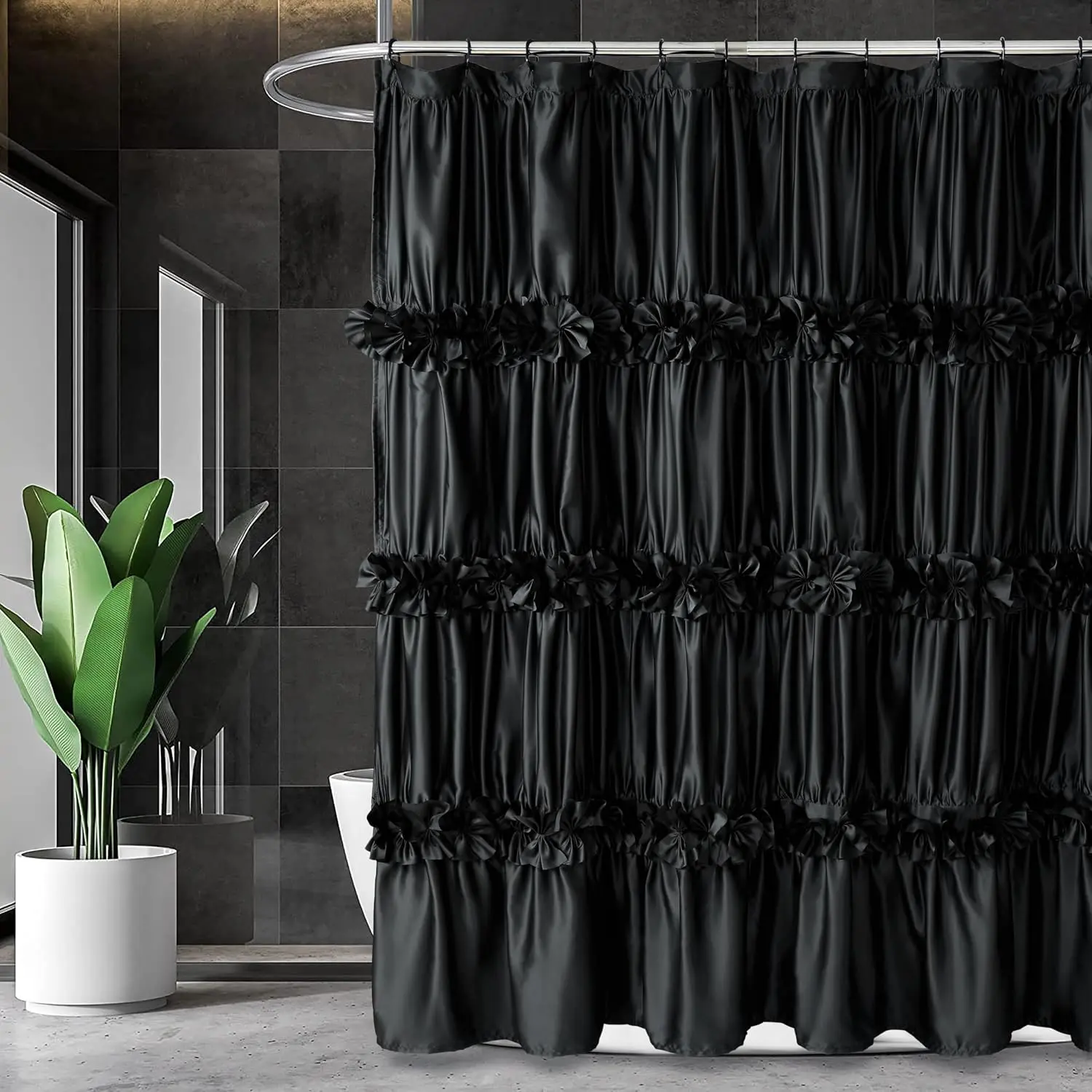 Black Ruffle Shower Curtain, Vintage Handcrafted Bow Tie Bath Curtain for Master Bathroom, Ruched Satin Bathroom Curtain with 12 Buttonholes, 72" W x 72" H (LQ-10)