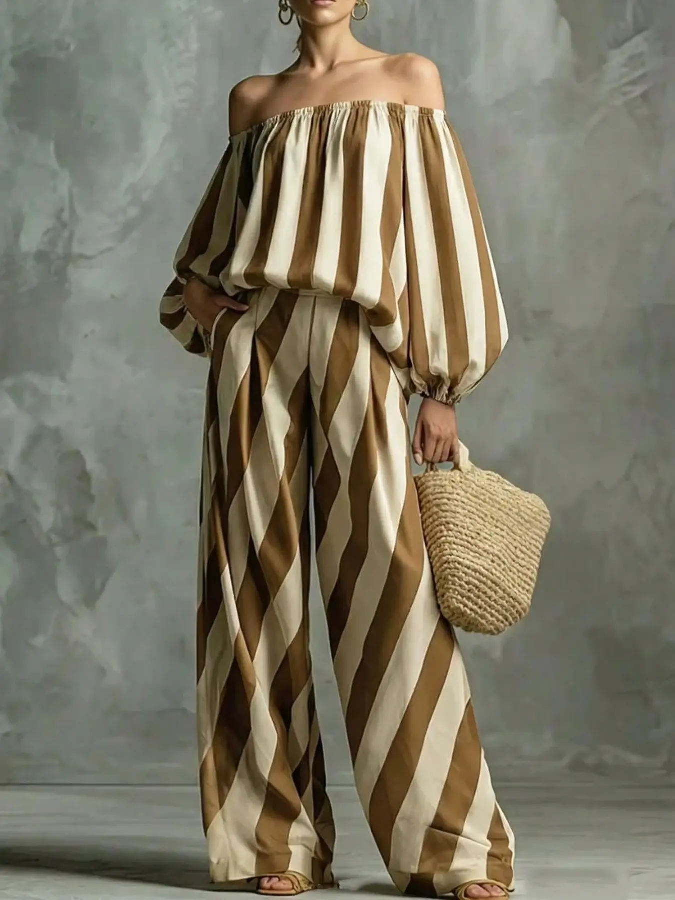 Vintage Colorblock Striped One-Shoulder Wide Leg Pants Set, off Shoulder Bubble Long Sleeve High Waist Flowy Floor-Length Pants, Casual Chic Women's Clothes