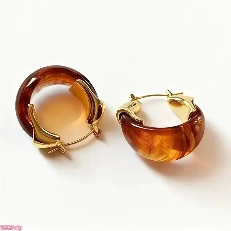 [SummerWins]Amber Resin Hoop Earrings for Women 14K Gold Plated Tortoiseshell C-Shaped Huggie Vintage Acrylic Circular Jewelry Trendy Everyday Gift Accessory