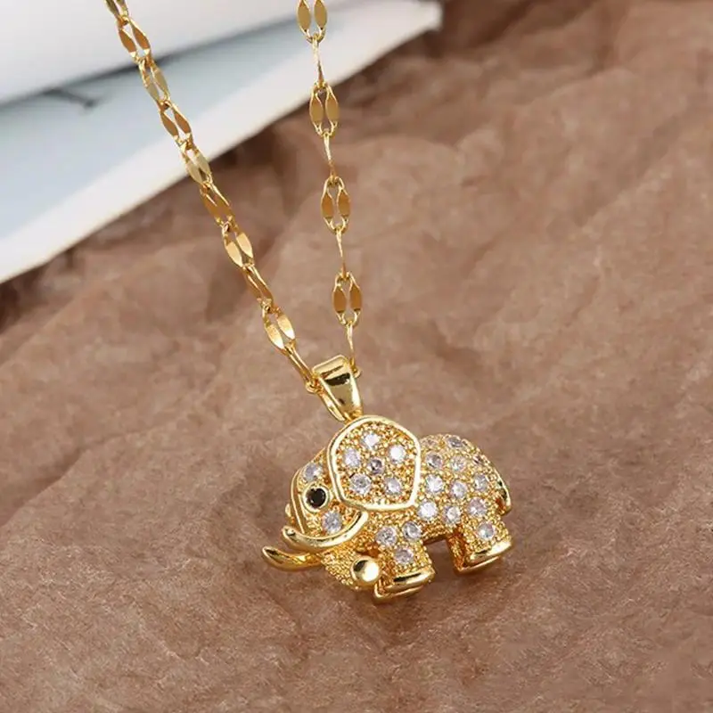 Animal Motif Necklace for Women, Elegant Gold Tone Copper Elephant Pendant with Sparkling Cubic Zirconia, Cute Charm Jewelry, Womens Gifts, Necklaces For Women, Elephant Charm, Avoid Moisture, Sparkling Stones, Gold Crystal Pendant, Accessories For Women