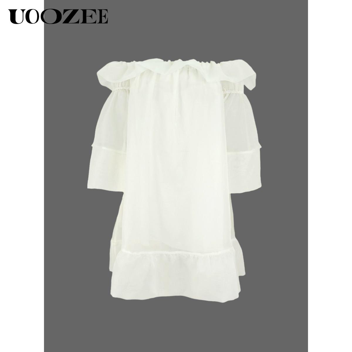 UOOZEE Women's White Off-Shoulder Mini Dress, Cascade Ruffle Sleeves High-Low Hem Pleated Party Dress New Stylish Flowy Dress(Sizing Runs Small - Check Size Guide or Order Larger)