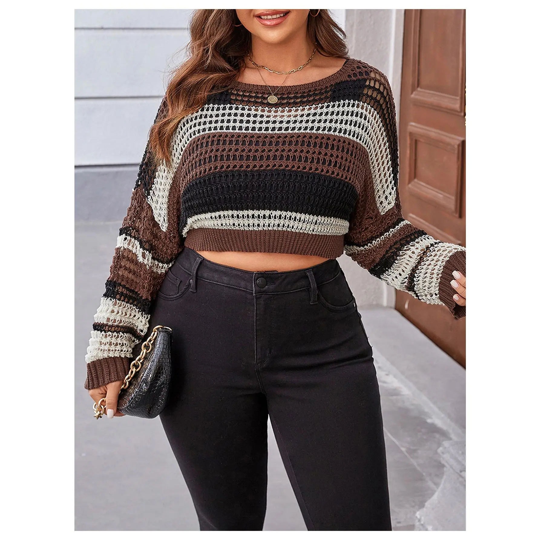 Plus Size Color Block Striped Hollow Out Crochet Crop Sweater Long Sleeve Knit Pullover Tops