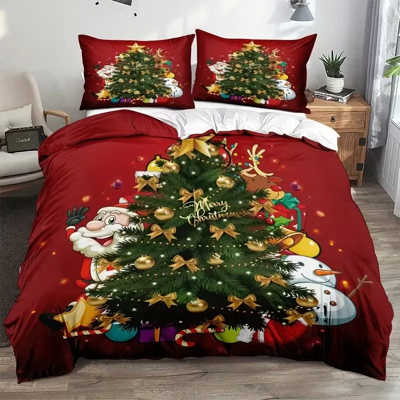 3-Piece Christmas Bedding Set, Soft and Comfortable, Includes 1 Duvet Cover + 2 Pillowcases, Bedroom Decor, Santa and Tree Print