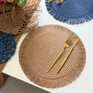 Round Woven Paper Tableware Placemat with Tassel Edge - Plain, Non-Slip Decorative Mat for Christmas, Engagement, Anniversary Ceremony Home Use