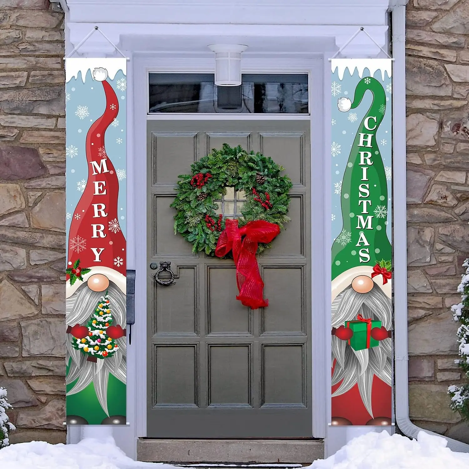 2D Flat Banner Porch Banner 1 Pair, Christmas Front Porch Decor, Elf Door Banner, Outdoor Courtyard Party Decoration, No Power Needed