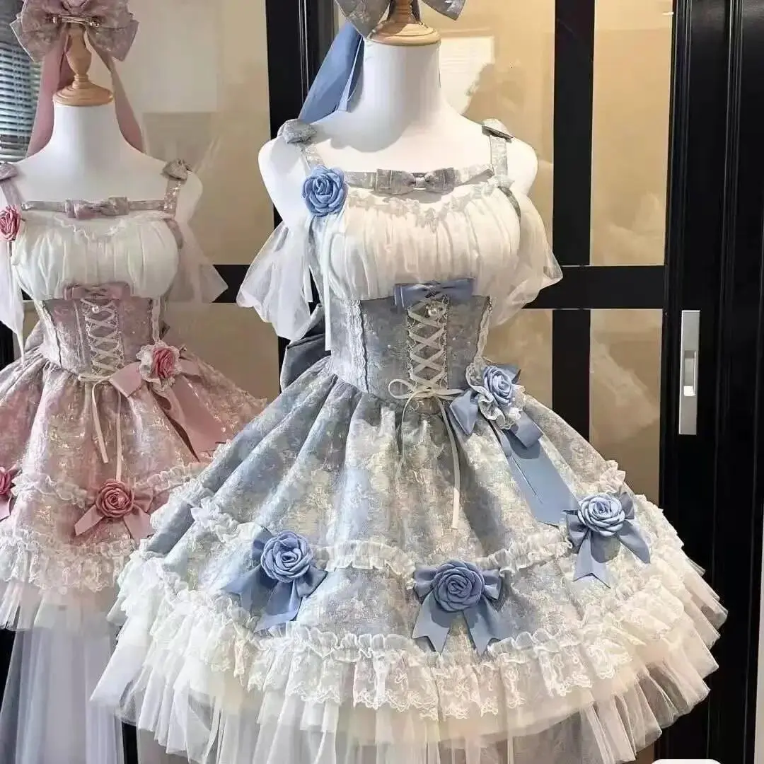 Sweet Lolita JSK Dress Women Lace Ruffle Tiered Skirt Butterfly Bow Decor Vintage Princess Tea Party Kawaii Gothic Dress