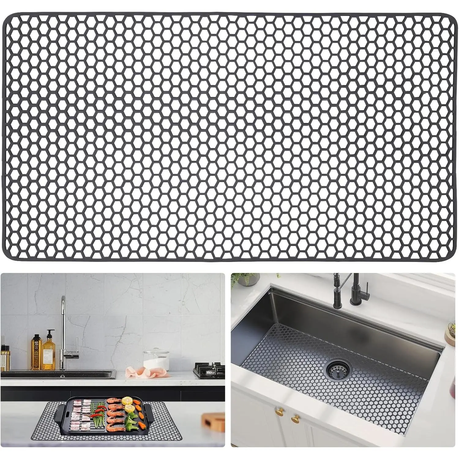 Sink Protectors for Kitchen Sink - 28.34" x 15.74" Silicone Sink Mat - Can DIY Drain Holes - Non-slip Heat Resistant Liner for Bottom of Farmhouse Porcelain Stainless Steel (Grey)