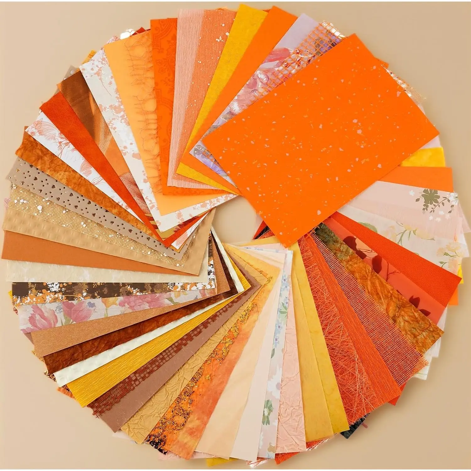 Orange Textured Scrapbook Paper 50 Pack |   Mesh, Lace, Crinkled, Speckled Fabric Craft Paper for Journal, Card Making, Gift Wrap, DIY Handmade Projects