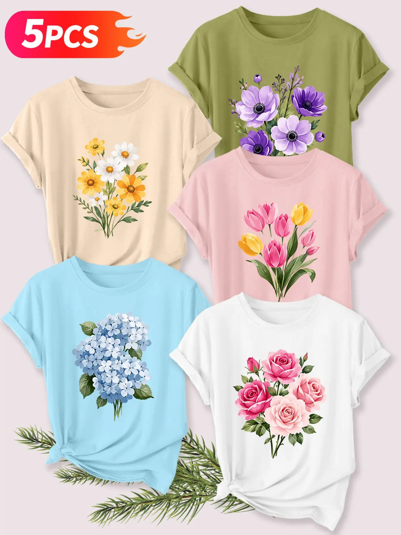 5Pcs Women Crew Neck T-shirt, Daisy Tulip Hydrangea Rose Watercolor Girly Floral Print, Casual Comfy Boho Romantic Printed Soft Girly Spring Summer Daily Top
