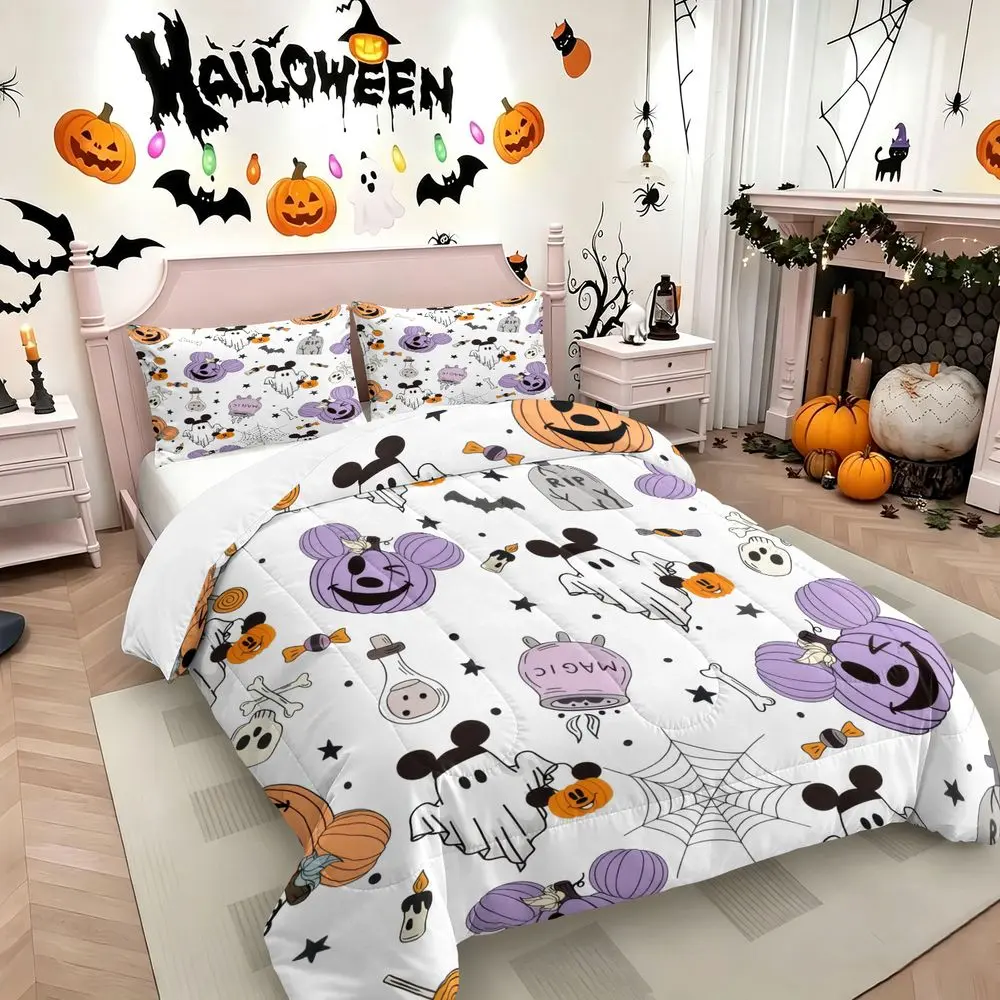 2/3Pcs Halloween Cute Ghost Pumpkin Comforter Set, Soft Bedding Set with Pillowcase, Spooky Mickey Style Quilt for Kids Bedroom Decor, Festive Holiday Bedding, Twin/Full/Queen No Pillow Core