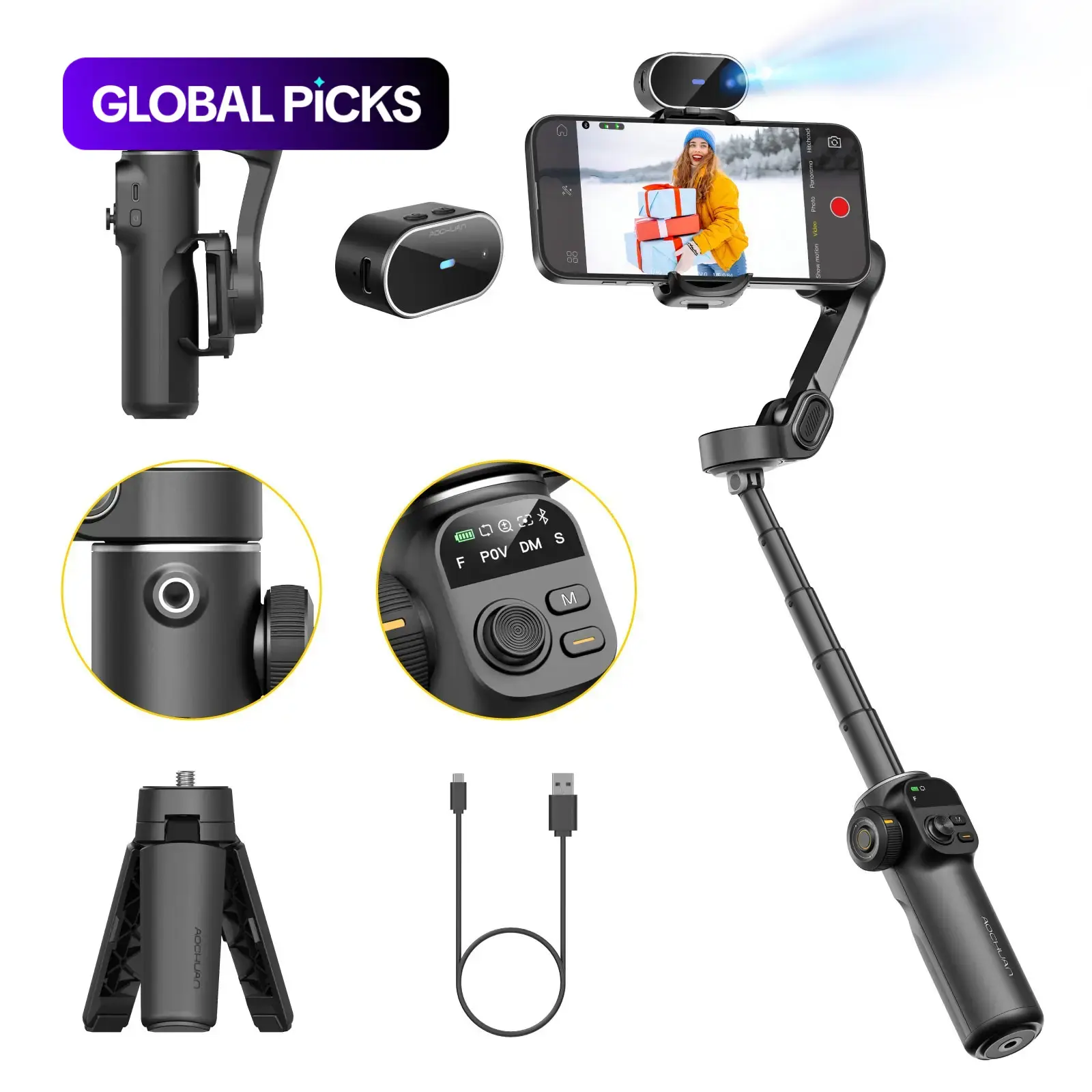 AOCHUAN Smartphone Gimbal Stabilizer for iPhone and Android, 3-Axis Phone Gimbal with Built-In 7.8-Inch Extension Rod, Selfie Stick Tripod, Mobile Phone Accessory, Selfie Accessory, with OLED Display, Smart X2 for Social Media Vlogging