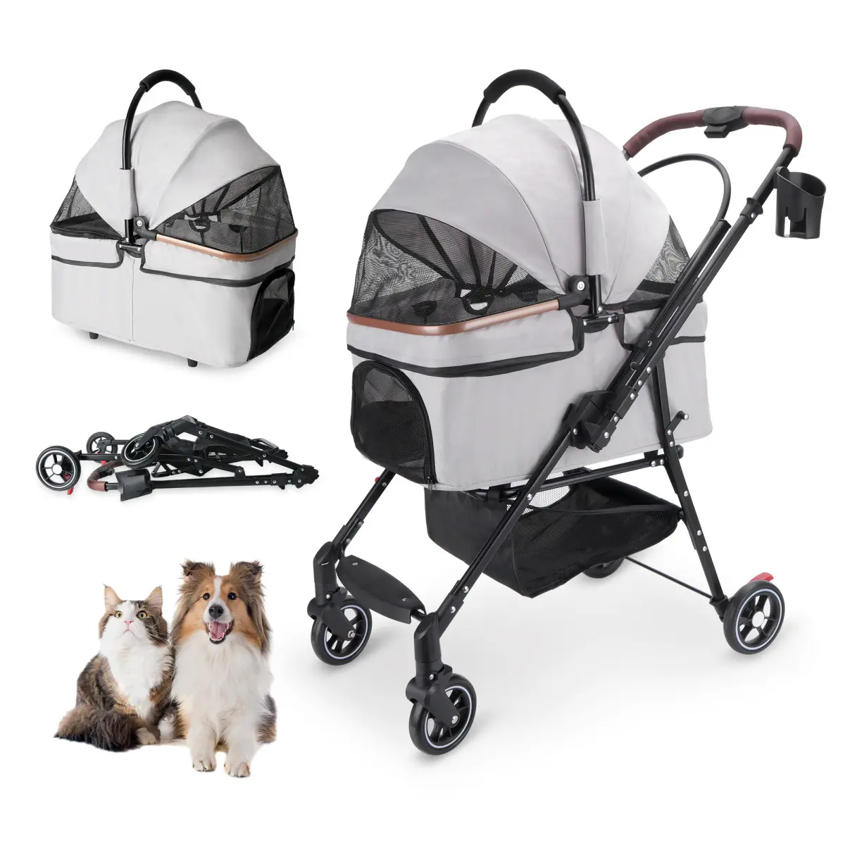 Black All-Seasons Metal Pet Stroller for Small Dogs & Cats - 360° Swivel Wheels, Full Suspension System, 180° Adjustable Canopy, Safety Brake, Mesh Cabin, Ergonomic Grip Handle, Handlebar Cup Holder, Storage Basket for Outdoor Travel Hydration Needs, Buil