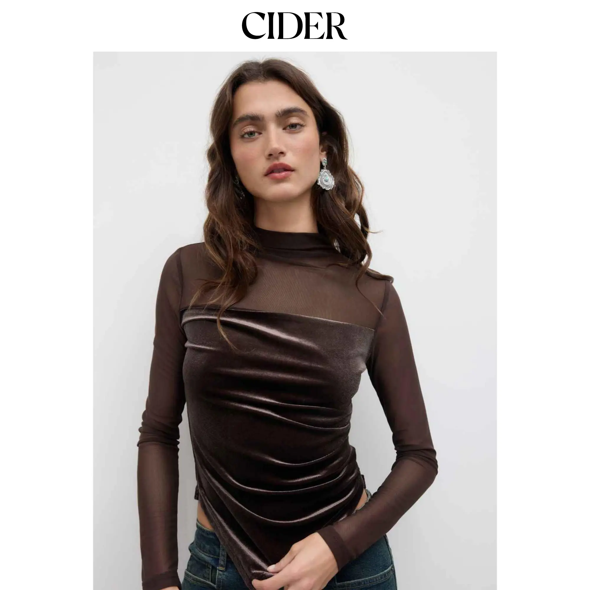 Cider Velvet High Neck Patched Asymmetrical Ruched Top SohoChic