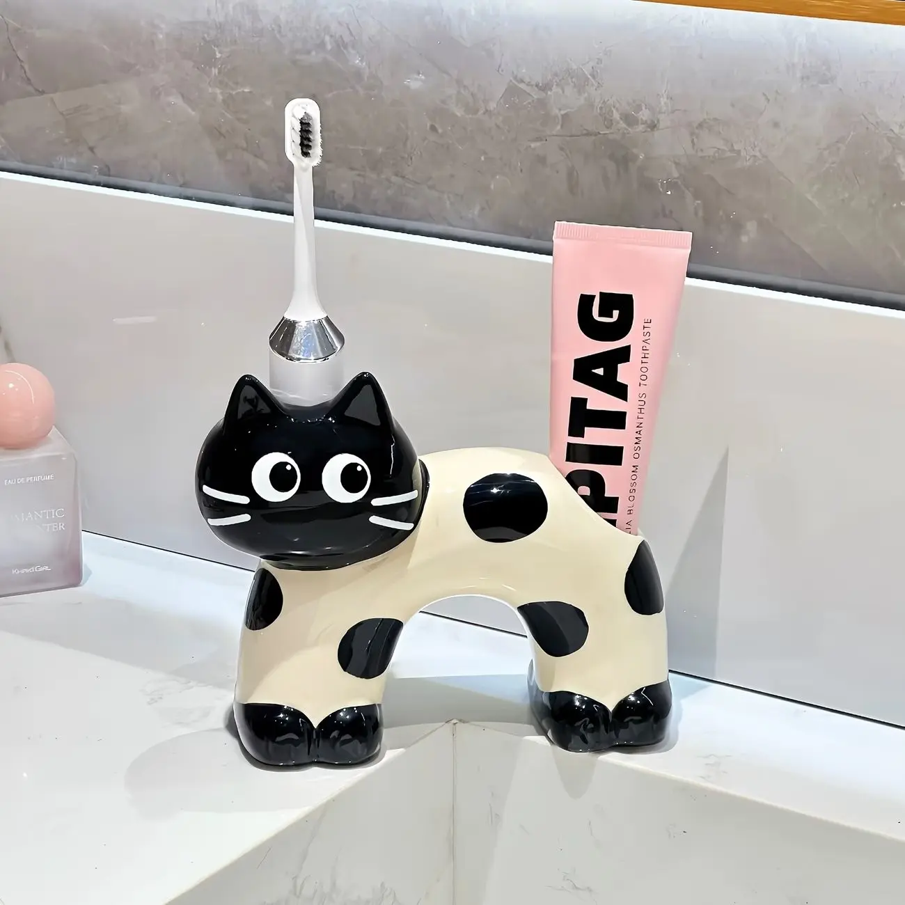 Multi-Use Spot Cat Toothbrush Holder, Ceramic Electric Toothbrush Stand, Makeup Brush and Pen Holder, Cute Desktop Decor, Countertop Toothbrush Holders