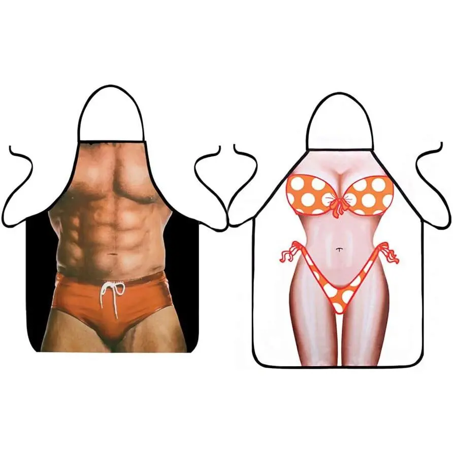 Polyester Fabric Anime Cartoon Hero Kitchen Aprons (2-Piece Set) - Ergonomic, Lightweight, Funny Look, Adjustable Straps, 1 Bikini Girl & 1 Naked Man Designs, Party Use Gifts for Boyfriend, Husband