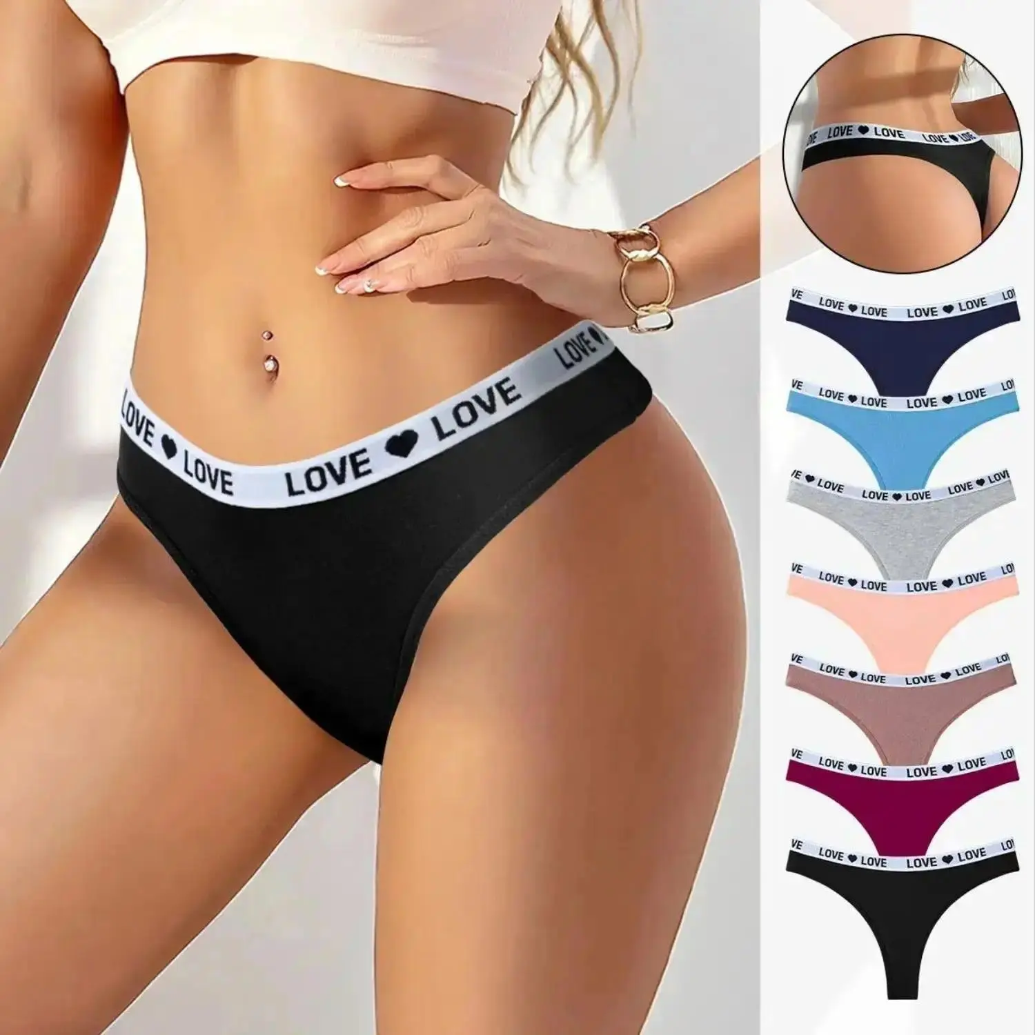 Women Low-Rise Athletic Thong Panties Available in 5Pcs &7Pcs Pack, Soft Cotton Blend Underwear with Cute Heart Pattern Waistband, Comfort Breathable Invisible Briefs Suitable for Outdoor Activities & All Season Daily Outfits