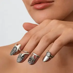 【Boho Vintage Magic】4PCS Adjustable Nail Rings Set - Retro Elegant Finger Armor for Daily & Party Wear | Perfect Valentine's Gift!  BohoChic NailJewelry ik
