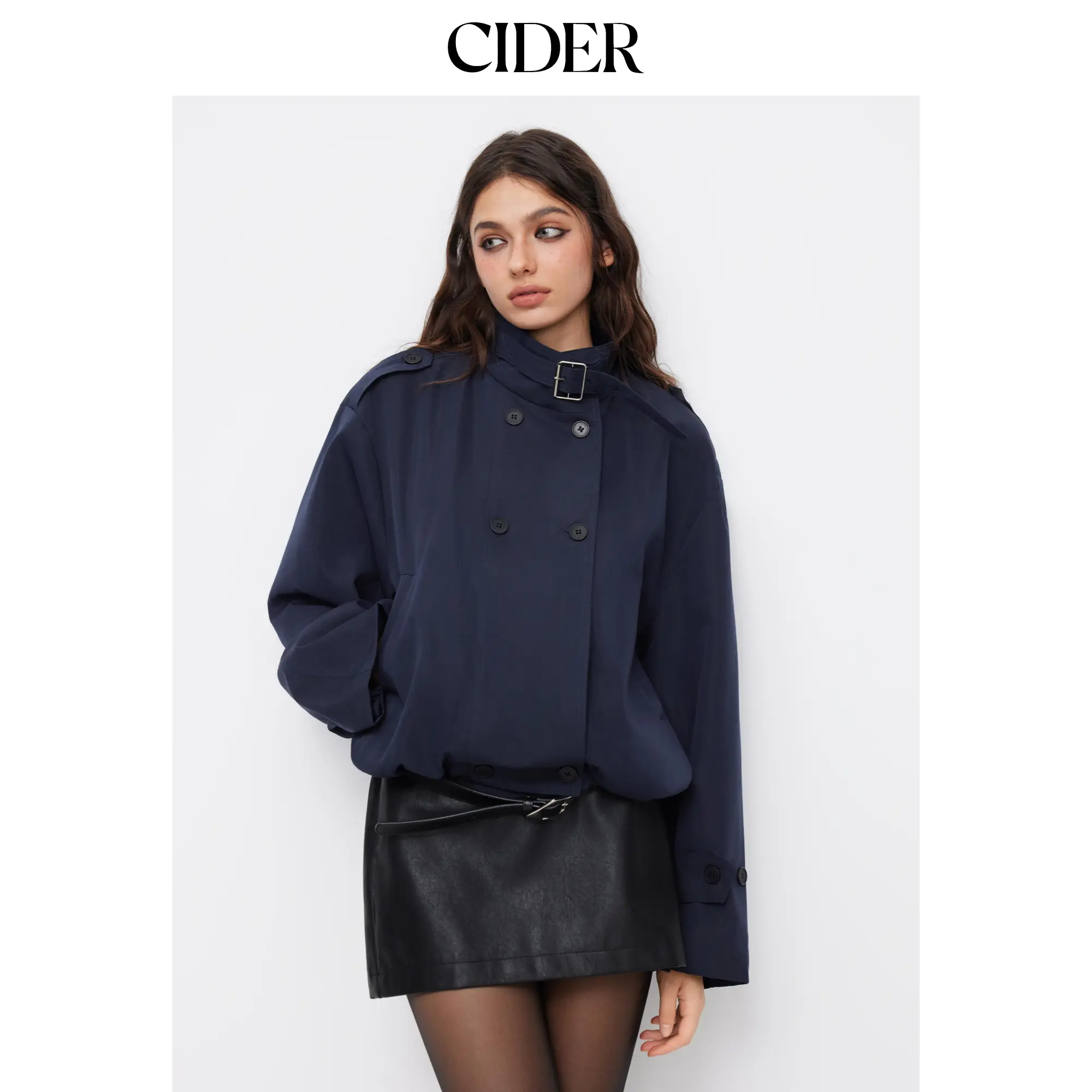Cider High Neck Double Breasted Belted Oversized Coat SohoChic