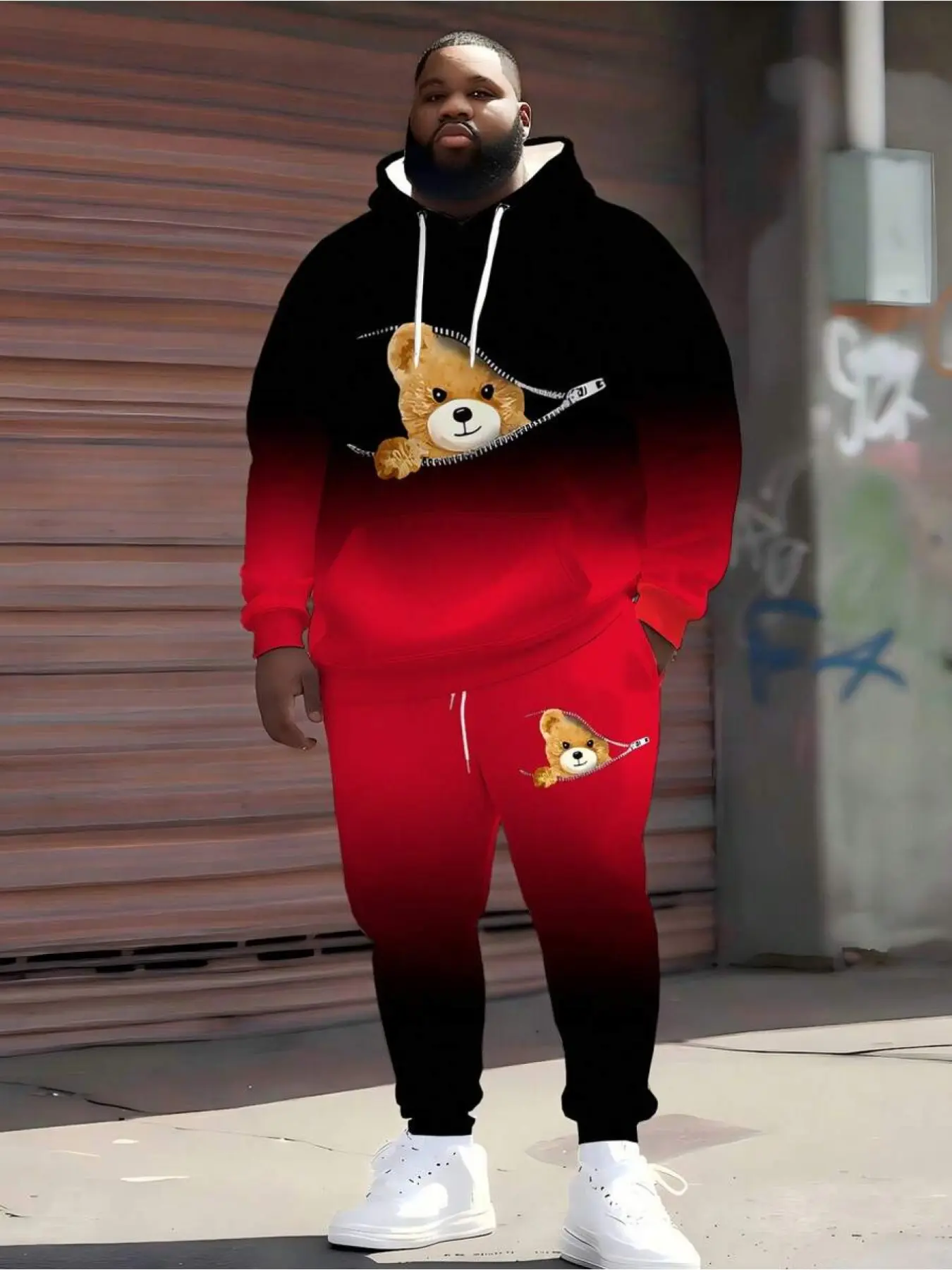 Colorblock Cute Bear Print Plus Size Sweatshirt and Sweatpants Set, Asymmetrical Design, Long Sleeve, Casual Fall & Winter Wear