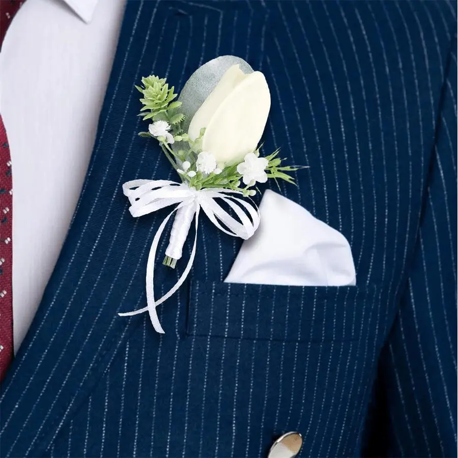 2PCS Elegant Minimalist White Tulip Fabric-Plastic Boutonniere Flowers - Unisex Modern Pre-Assembled Wedding Party Supplies with Secure-Fit Satin Ribbon Bow Corsage Pins for Groomsmen, Ready to Wear