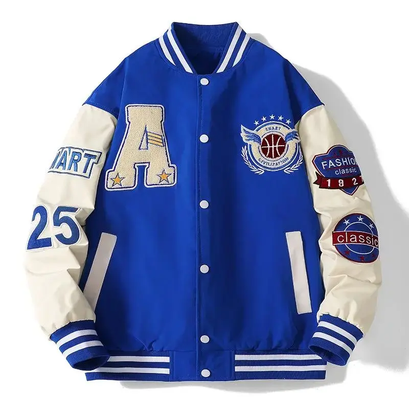 2025 New Style Men Varsity Baseball Bomber Jacket Hip Hop Harajuku Bone Letter Patchwork Leather Jackets Streetwear Women Unisex College Coats Womenswear Tops Long Sleeve Blue
