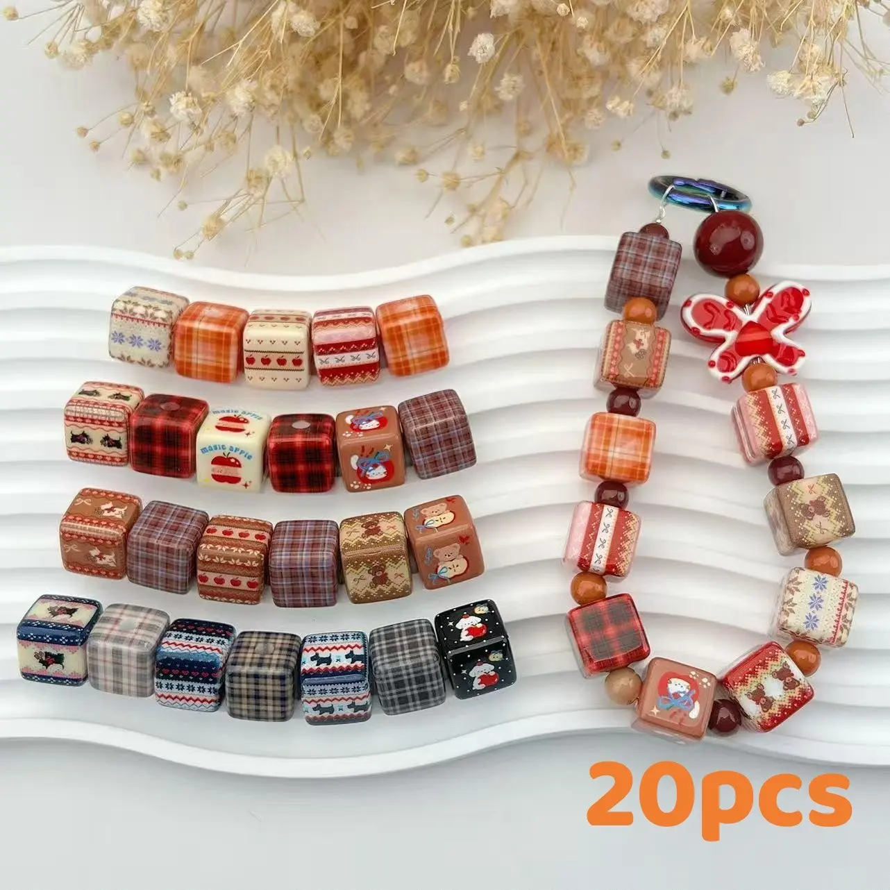 Vintage Plaid Square Beads, Warm Orange Coffee Tone Smooth Acrylic Bear Apple Printed Craft Beading Supplies, 20Pcs Portable Accessories, for Phone Straps, Bag Chains & Earrings, Ideal Handmade Gift for DIY Craft Lovers
