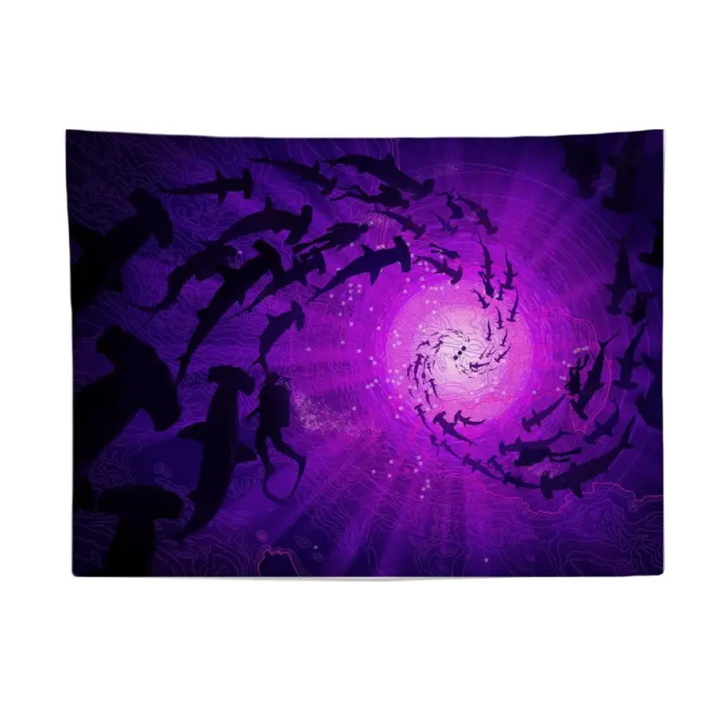 Purple Hammerhead Shark Vortex Tapestry Deep Sea Marine Animal Cyclone Swirl Art Wall Hanging Cool Ocean Life Bedroom Decor College Dorm Background Banner