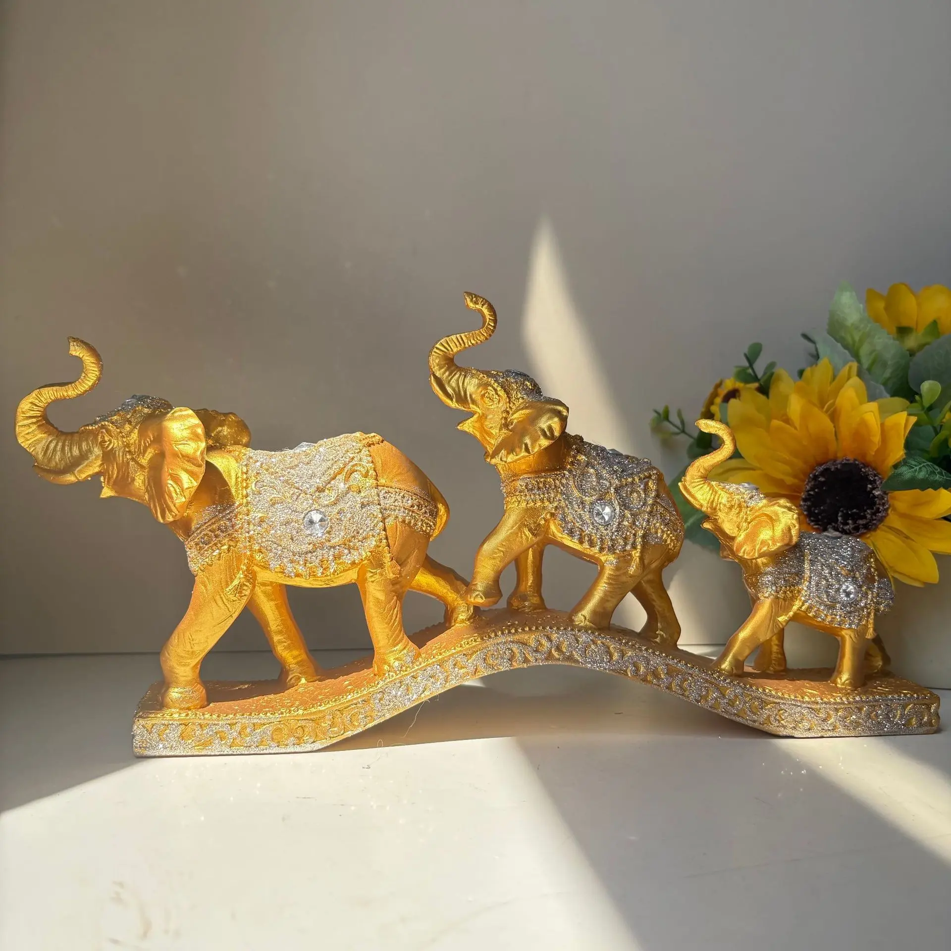 Golden Elephant Family Statue with Elegant Crystal Accents - 3 Piece Set Sculpture Glittering Collectible Figurine for Tabletop, Cabinet, Office Decor, and Festive Giving (Dark Gold)