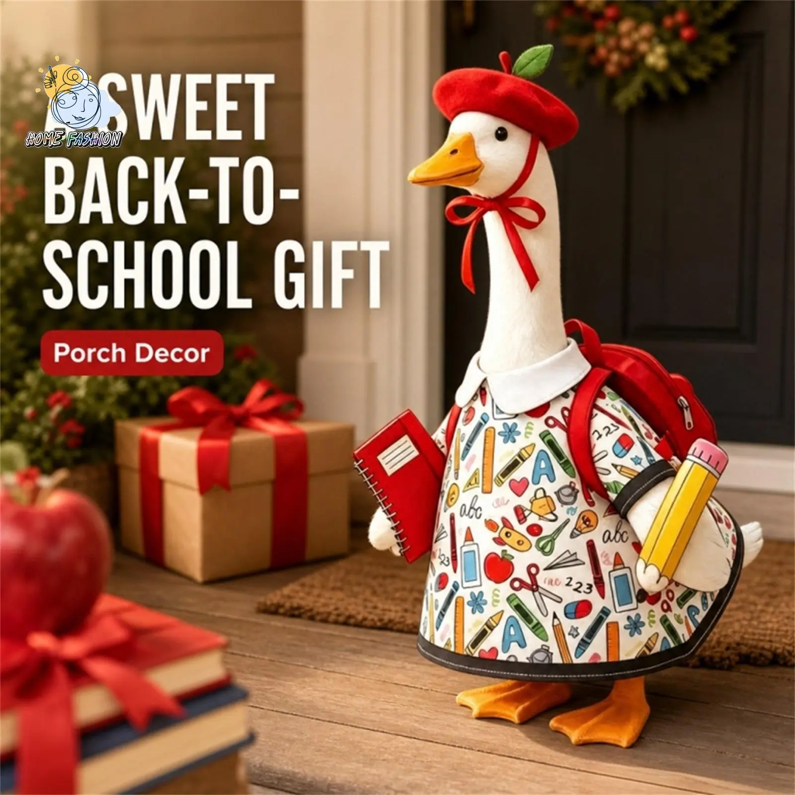 Back to School Porch Goose Outfit Apple Print Clothes and Schoolbag Hat Set
