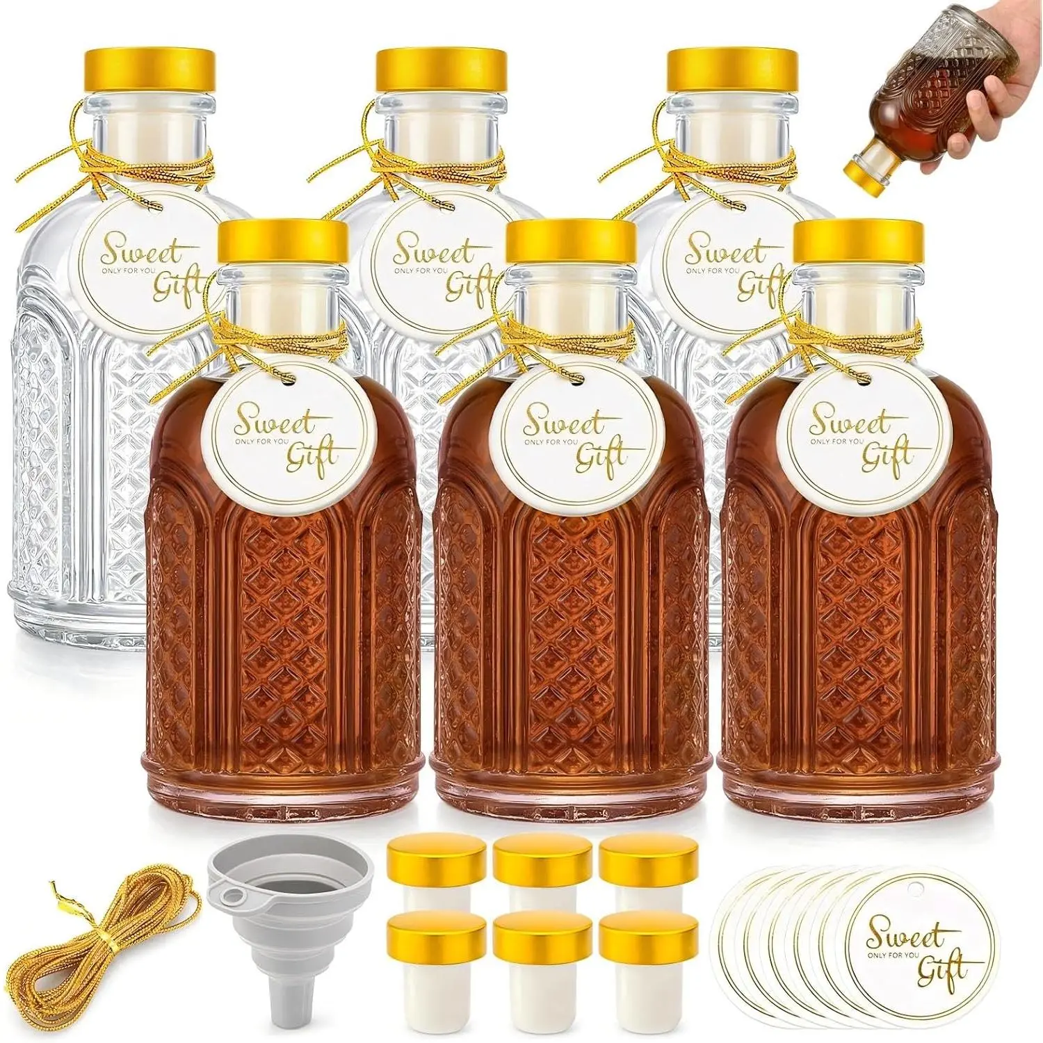 6 Pack 7 oz Clear Glass Bottles with Airtight T-Top Gold Cap, Vintage Liquor Bottles with Labels, String, Funnel, Heavy Base Decorative Whiskey Bottle for Beer, Wine, Vanilla Extract, Beverages
