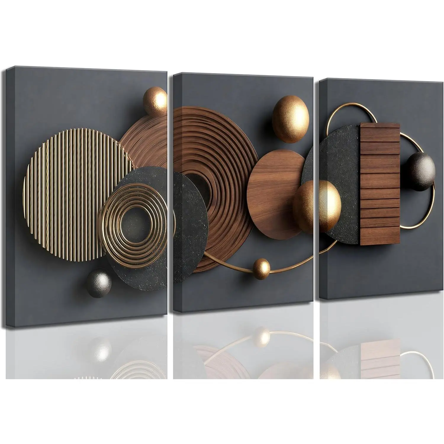 3D Textured Abstract Black Gold Geometric Canvas Wall Art - Mid Century Modern Boho Painting for Living Room Office Decor, 3 Pieces 12x16 Inch