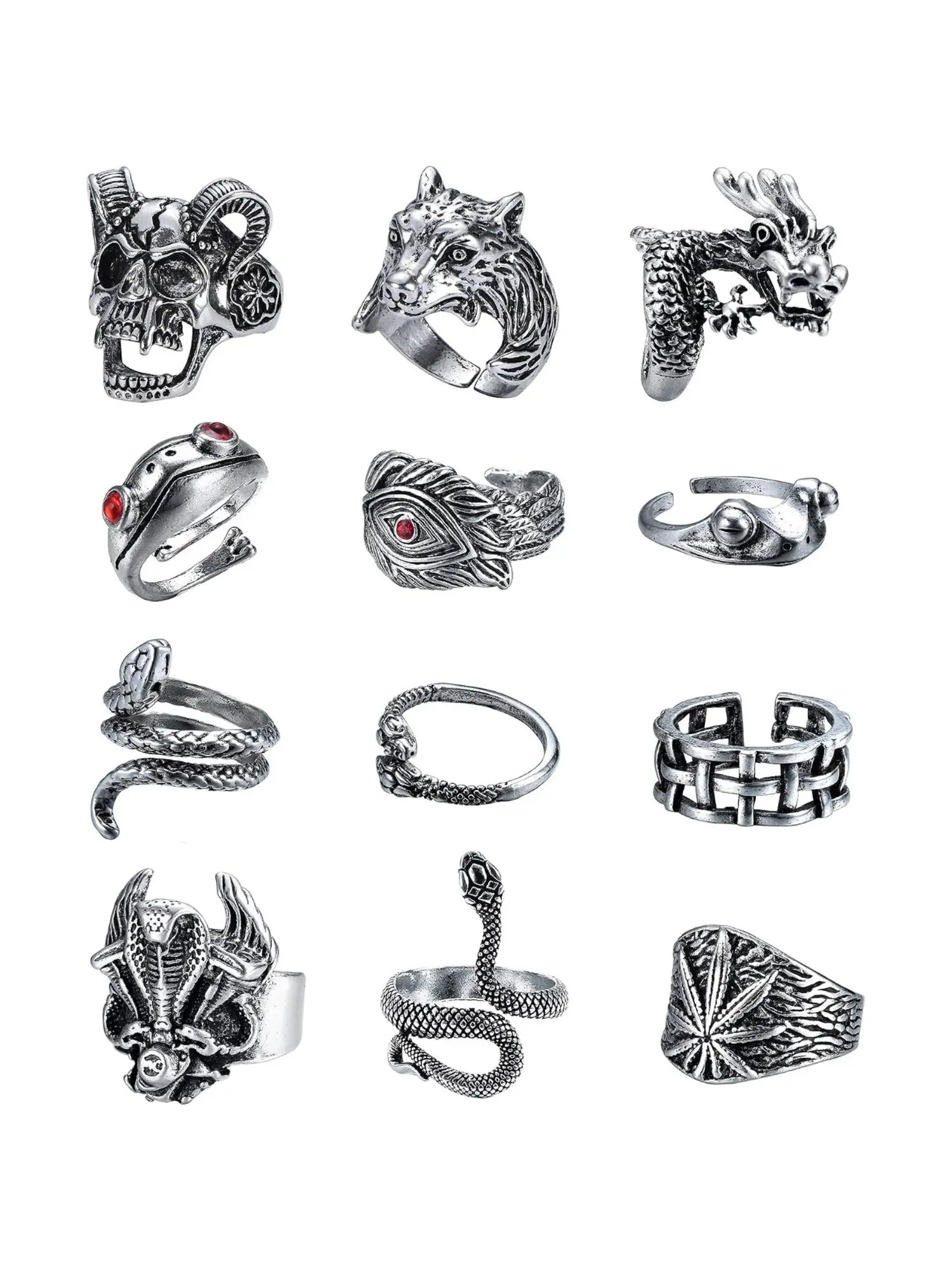 12 Pcs Gothic Animal Sculpture Ring Bundle Vintage Silvery Adjustable Open Durable Alloy Bands for Men Women Blending Mythical Dragon Coiled Snakes Ferocious Wolf Horror Skull Leaf Texture Patterns Flexible Open Size Fit for Rock Enthusiasts